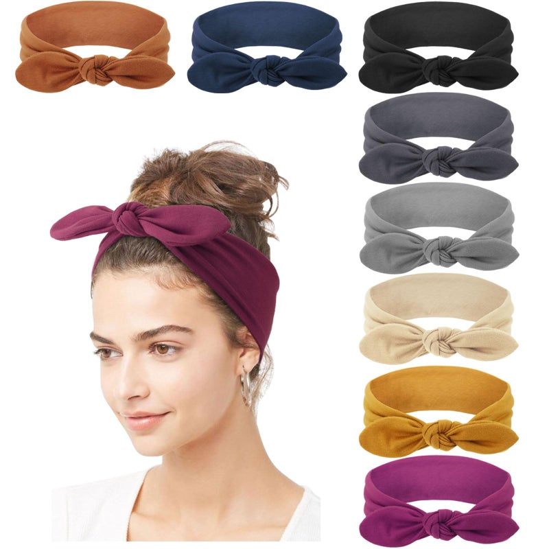 DRESHOW 8 Pack Adjustable Knotted Headbands Non Slip Elastic Yoga Hair Bands Solid Colors Headbands for Women and Girls