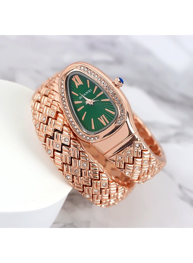 Fashionable three-hand quartz bracelet watch with a snake-shaped winding dial and diamonds
