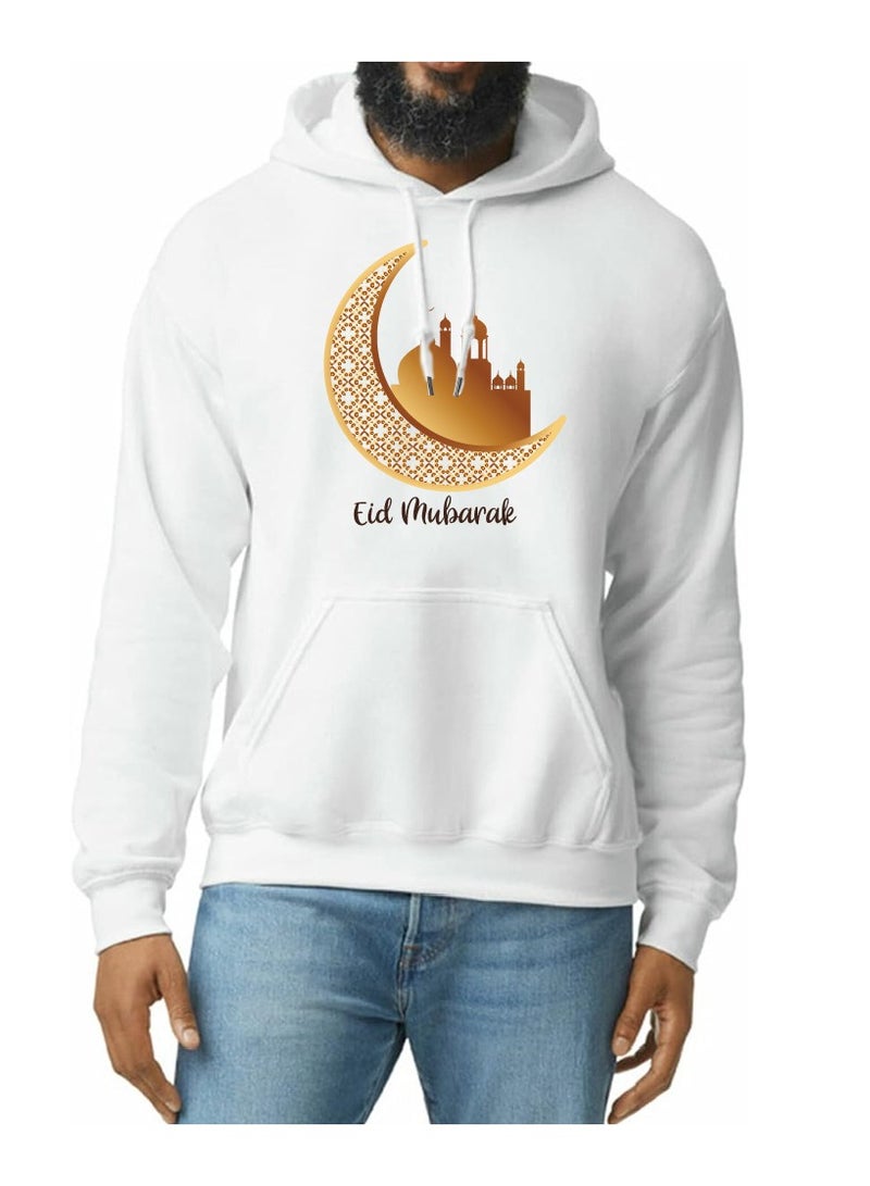 PRINTSHOP4ME Eid Mubarak Hoodie for Both Men and Women - Soft Cotton Pullover - Long Sleeve with Drawstring and Kangaroo Pockets - Perfect for Travel - Celebrate Eid in Style  - Image 1