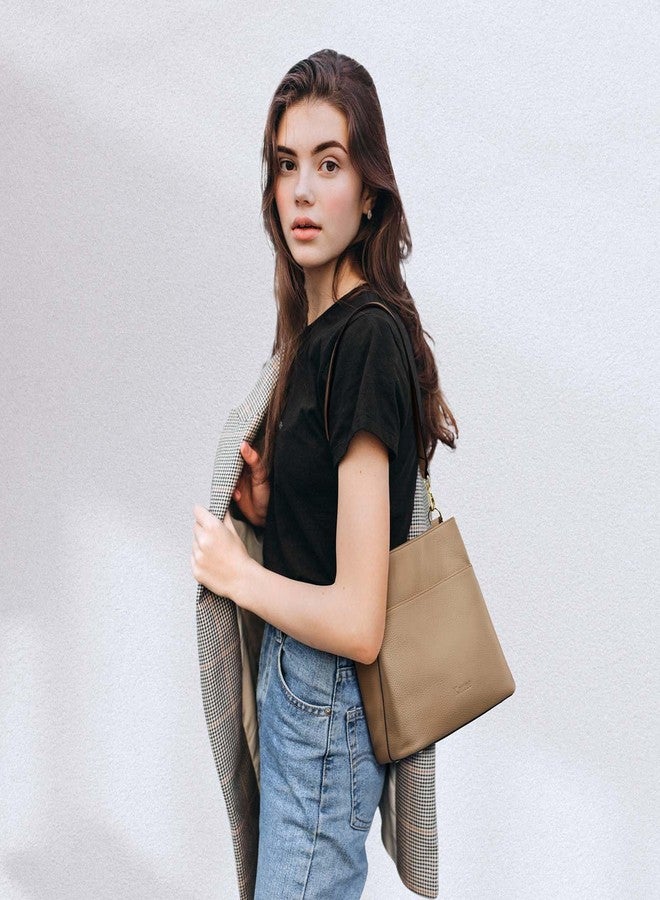 Kattee Leather Handbags for Women, Soft Shoulder Tote Bucket Bags Crossbody Purses with 2 Straps (Apricot) - Image 3