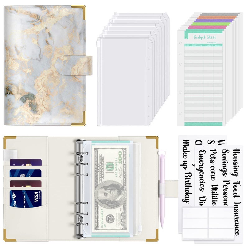 Rnivvi Budget Binder with Zipper Envelopes, A6 Money Saving Binder Cash Envelopes for Budgeting, PU Leather Planner Money Organizer for Cash Bills, Cute Marble System Wallet for Women, Gray White - Image 1
