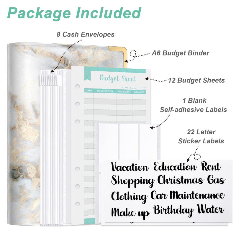 Rnivvi Budget Binder with Zipper Envelopes, A6 Money Saving Binder Cash Envelopes for Budgeting, PU Leather Planner Money Organizer for Cash Bills, Cute Marble System Wallet for Women, Gray White - Image 2