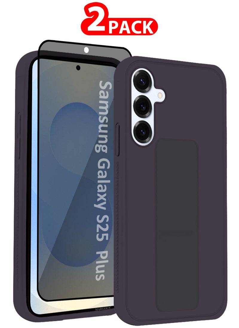 CATANES Galaxy S25 Plus 2Packs Case Silicone with Stand Function Finger Grip Case Cover with 1 Shock Proof Screen Protector / Dark Purple  - Image 1