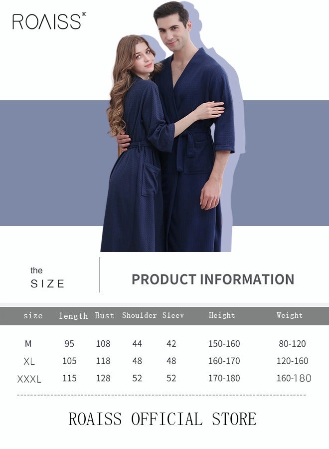 roaiss Women and Men Waffle Kimono Bathrobe Sleepwear Spa Robe Nightwear Nightgown Women Water Bathrobe Bridesmaid Robes Unisex Dressing Gown Autumn Robe Navy Blue - Image 2