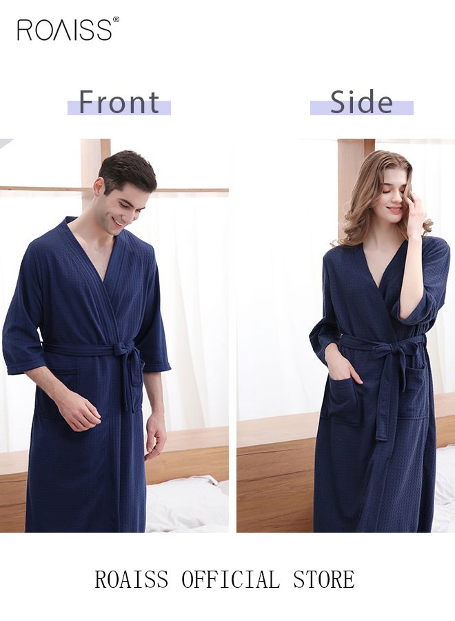 roaiss Women and Men Waffle Kimono Bathrobe Sleepwear Spa Robe Nightwear Nightgown Women Water Bathrobe Bridesmaid Robes Unisex Dressing Gown Autumn Robe Navy Blue - Image 5