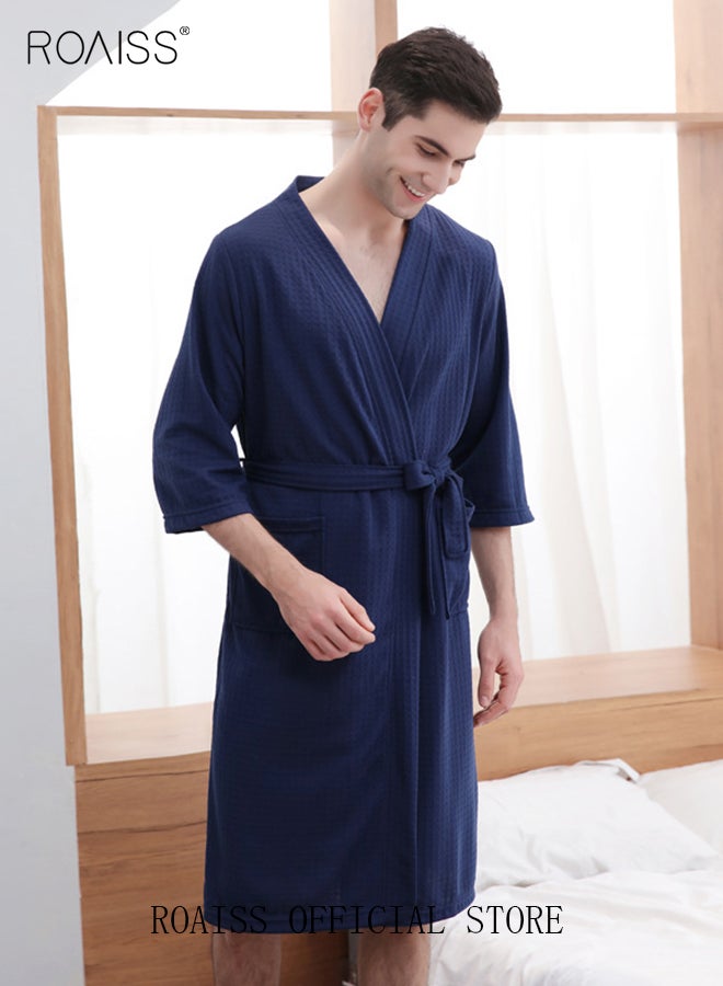 roaiss Women and Men Waffle Kimono Bathrobe Sleepwear Spa Robe Nightwear Nightgown Women Water Bathrobe Bridesmaid Robes Unisex Dressing Gown Autumn Robe Navy Blue - Image 1