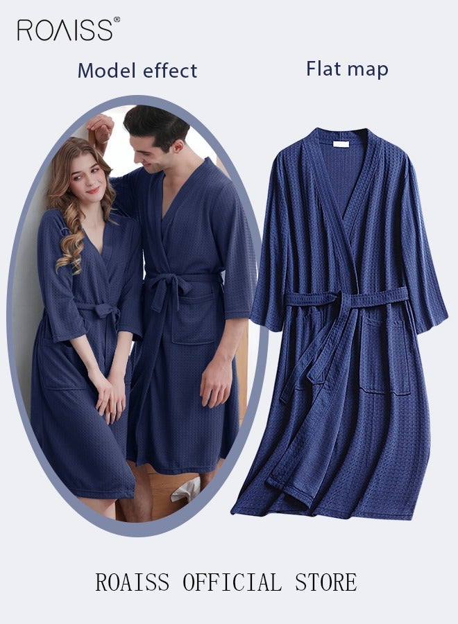 roaiss Women and Men Waffle Kimono Bathrobe Sleepwear Spa Robe Nightwear Nightgown Women Water Bathrobe Bridesmaid Robes Unisex Dressing Gown Autumn Robe Navy Blue - Image 3