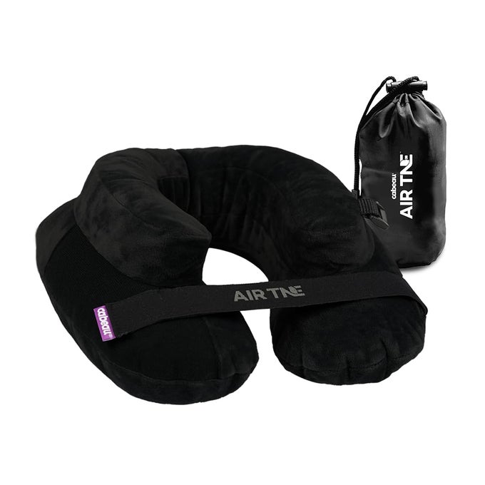 INFLATABLE TRAVEL PILLOW AIR TNE ADJUSTABLE LIGHTWEIGHT AND SUPPORTIVE FOR SLEEPING ON AIRPLANES TRAINS AND CARS CUSTOMIZED FIT AND COMPACT CARRYING CASE MIDNIGHT BLACK