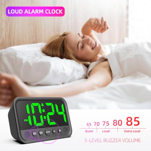 XUANZIT Small LED Digital Clock for Bedroom, Loud Alarm Clock for Heavy Sleepers Adults, Teens | Plug-In Electric Desk Clock | Simple Bedside Nightstand Clock with Adjustable Volume/Brightness/Snooze – Green - Image 3