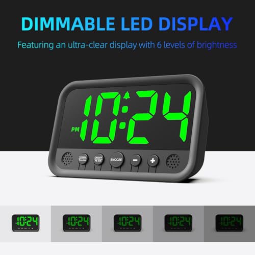 XUANZIT Small LED Digital Clock for Bedroom, Loud Alarm Clock for Heavy Sleepers Adults, Teens | Plug-In Electric Desk Clock | Simple Bedside Nightstand Clock with Adjustable Volume/Brightness/Snooze – Green - Image 4