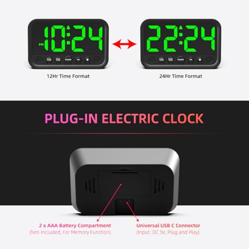 XUANZIT Small LED Digital Clock for Bedroom, Loud Alarm Clock for Heavy Sleepers Adults, Teens | Plug-In Electric Desk Clock | Simple Bedside Nightstand Clock with Adjustable Volume/Brightness/Snooze – Green - Image 5