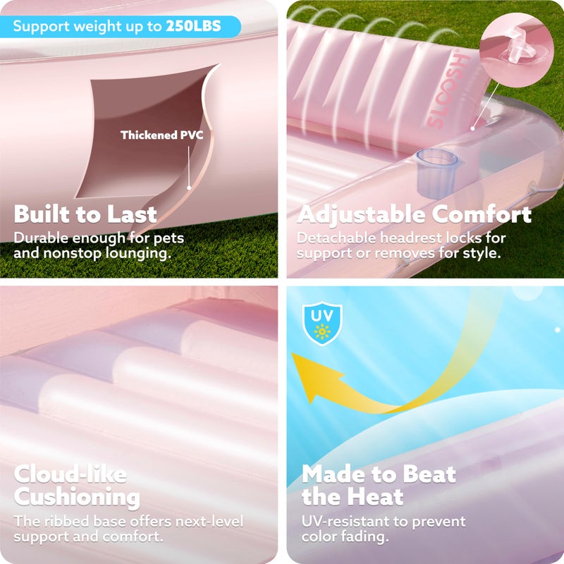 SLOOSH Inflatable Tanning Pool Lounger Float  70"" x 46"" Pool Floats Adult with Pillow  4 in 1 Suntan Tub Raft Floatie Sunbathing Bed Lounge for Water Blow Up Kids Ball Pit Party Gifts  L-Cyan Pink - Image 5