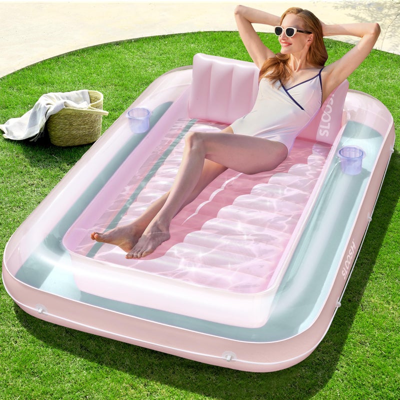 SLOOSH Inflatable Tanning Pool Lounger Float  70"" x 46"" Pool Floats Adult with Pillow  4 in 1 Suntan Tub Raft Floatie Sunbathing Bed Lounge for Water Blow Up Kids Ball Pit Party Gifts  L-Cyan Pink - Image 1