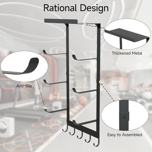 LSK Yoga Mat Holder Wall Mount, Black Yoga Mats Storage Rack, Home Gym Storage with Metal Floating Shelf for Storing Fitness, Yoga Mat Rack with 5 Hooks for Hanging Foam Rollers and Resistance Bands - Image 2