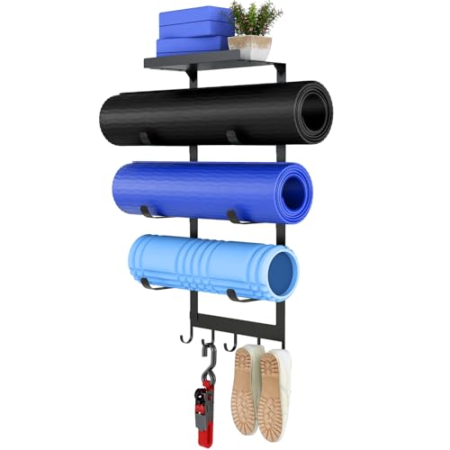 LSK Yoga Mat Holder Wall Mount, Black Yoga Mats Storage Rack, Home Gym Storage with Metal Floating Shelf for Storing Fitness, Yoga Mat Rack with 5 Hooks for Hanging Foam Rollers and Resistance Bands - Image 1