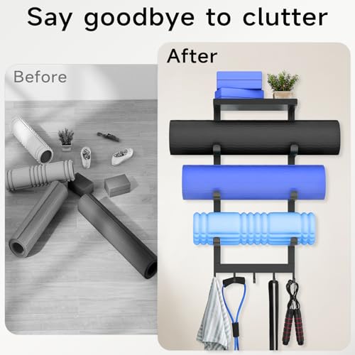 LSK Yoga Mat Holder Wall Mount, Black Yoga Mats Storage Rack, Home Gym Storage with Metal Floating Shelf for Storing Fitness, Yoga Mat Rack with 5 Hooks for Hanging Foam Rollers and Resistance Bands - Image 5