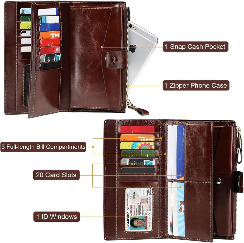 Itslife Women's RFID Blocking Large Capacity Luxury Wax Genuine Leather Clutch Wallet Card Holder Organizer Ladies Purse - Image 3