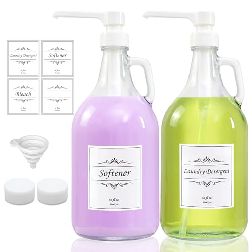 YoenKtss 2 Pcs Glass Liquid Laundry Detergent Dispenser with Pump Upgraded 64 oz Dispenser for Laundry Room Half Gallon Glass Jugs with Airtight Lid - Image 1