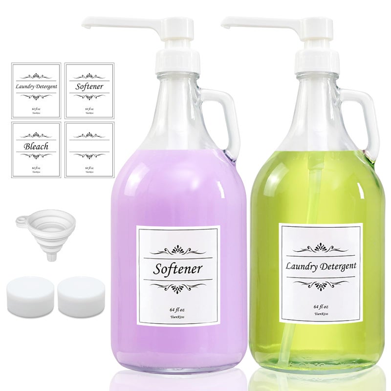 YoenKtss 2 Pcs Glass Liquid Laundry Detergent Dispenser with Pump Upgraded 64 oz Dispenser for Laundry Room Half Gallon Glass Jugs with Airtight Lid - Image 2