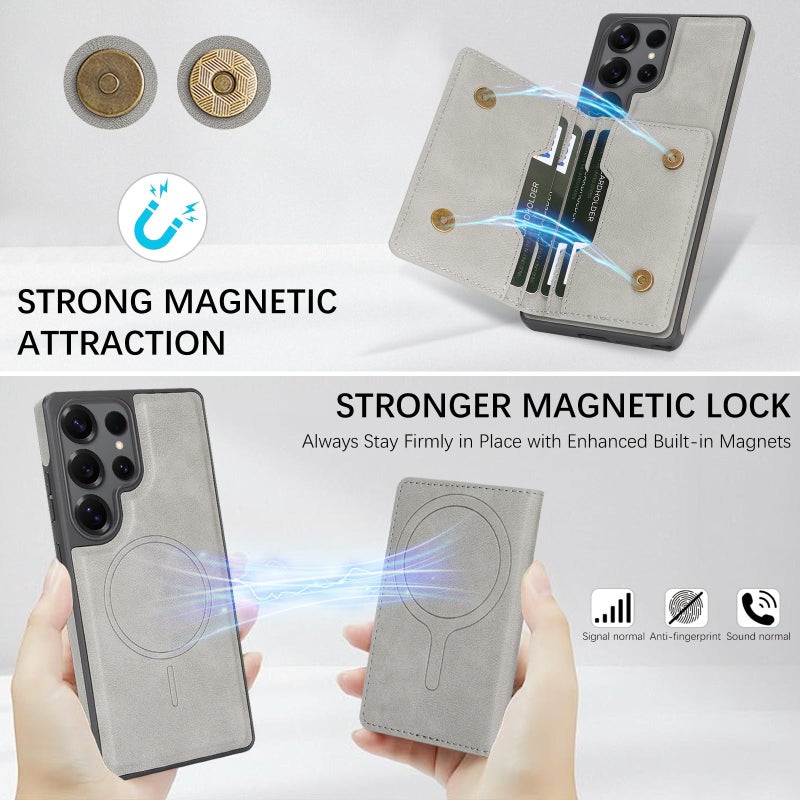 إيروريكس حافظة هاتف مغناطيسية قوية لهاتف سامسونج جالاكسي S25 ألترا ماج سيف 2-Fold مزودة بحلقة مغناطيسية للبطاقات وملصق جانبي من الجلد (رمادي) - Image 5