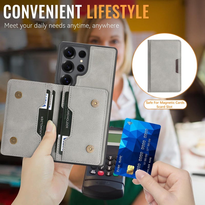 إيروريكس حافظة هاتف مغناطيسية قوية لهاتف سامسونج جالاكسي S25 ألترا ماج سيف 2-Fold مزودة بحلقة مغناطيسية للبطاقات وملصق جانبي من الجلد (رمادي) - Image 3