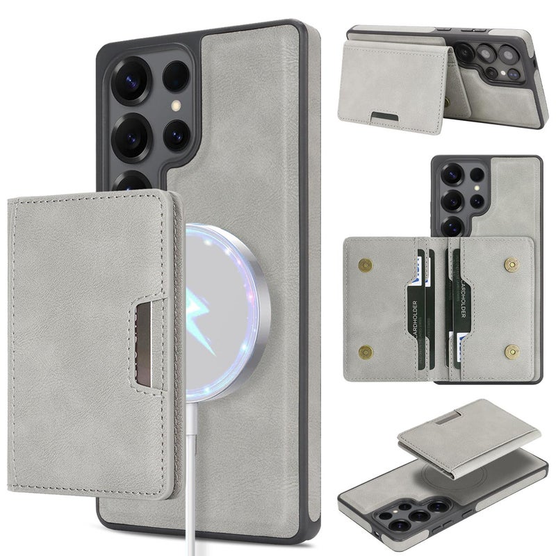 إيروريكس حافظة هاتف مغناطيسية قوية لهاتف سامسونج جالاكسي S25 ألترا ماج سيف 2-Fold مزودة بحلقة مغناطيسية للبطاقات وملصق جانبي من الجلد (رمادي) - Image 1