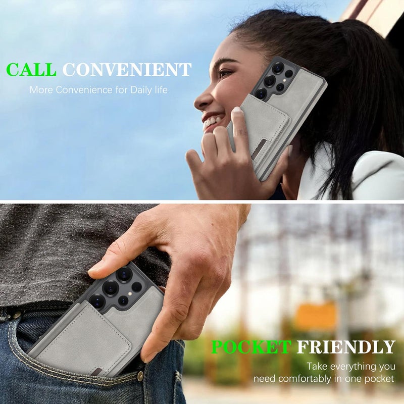 إيروريكس حافظة هاتف مغناطيسية قوية لهاتف سامسونج جالاكسي S25 ألترا ماج سيف 2-Fold مزودة بحلقة مغناطيسية للبطاقات وملصق جانبي من الجلد (رمادي) - Image 4