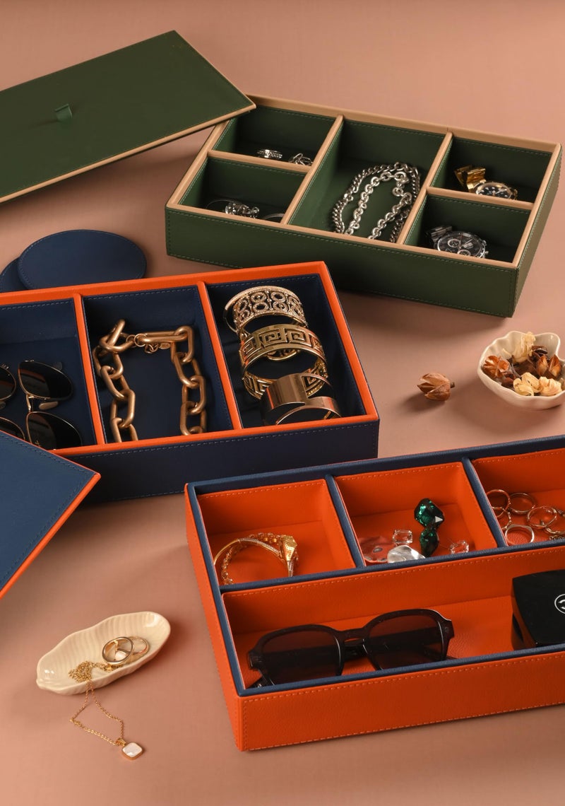 CASA BOTANICAL Dual Tone Faux Leather 3 Organizer Stack Tray for Home/Office/Storage/Decoration (Green & Beige) (12x10x6 Inch) (Green & Beige) - Image 3