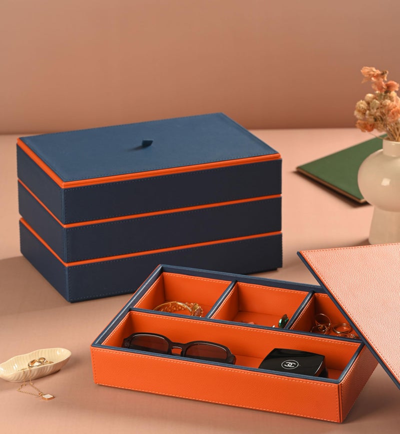 CASA BOTANICAL Dual Tone Faux Leather 3 Organizer Stack Tray for Home/Office/Storage/Decoration (Green & Beige) (12x10x6 Inch) (Green & Beige) - Image 4