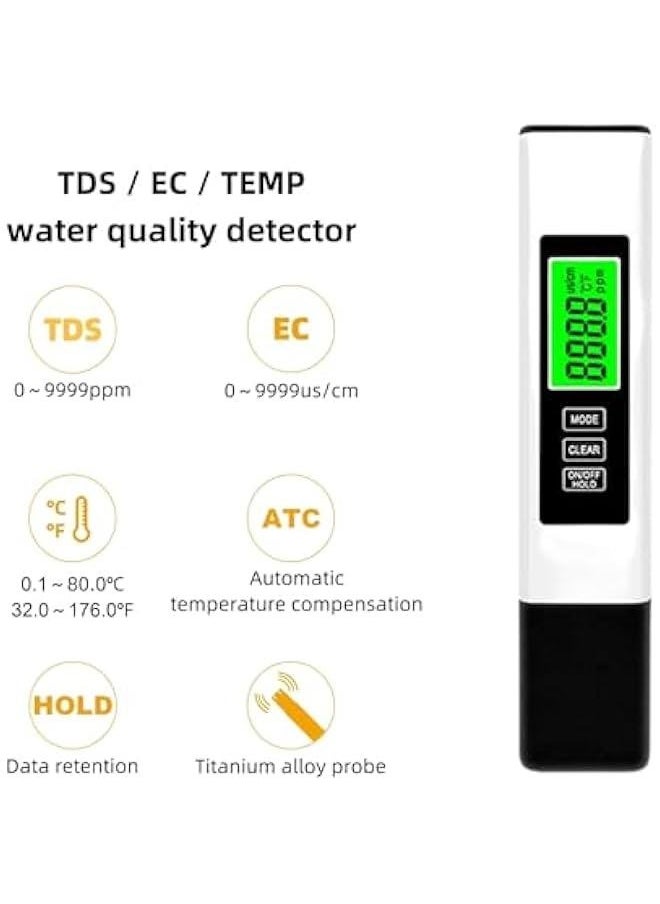 ماركة غير محددة مقياس TDS لقياس جودة المياه الرقمية، مقياس EC ومقياس الحرارة 4 في 1، لنظام RO-RDI لمياه الشرب، جهاز اختبار جودة المياه بمدى قياس من 0 إلى 9990 PPM، زيادات 1 PPM (أبيض)  - Image 2