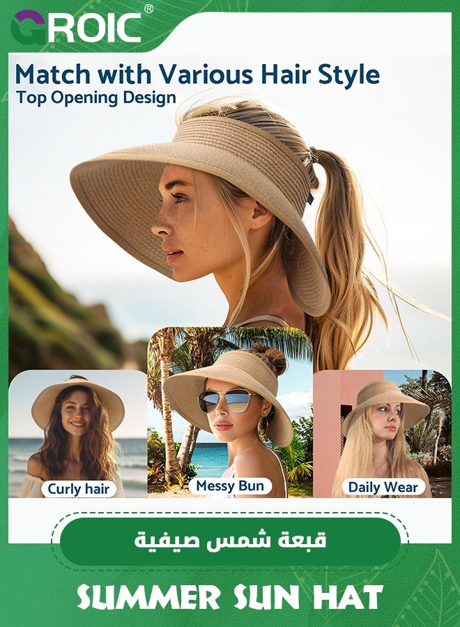 GROIC Summer Sun Hats for Women,UV UPF Straw Beach Hat,Wide Brim Beach Hats for Women UPF 50+ Travel Foldable Beach Hat,Beach Hats for Sun Protection,Brim Ponytail Summer Hats  - Image 4