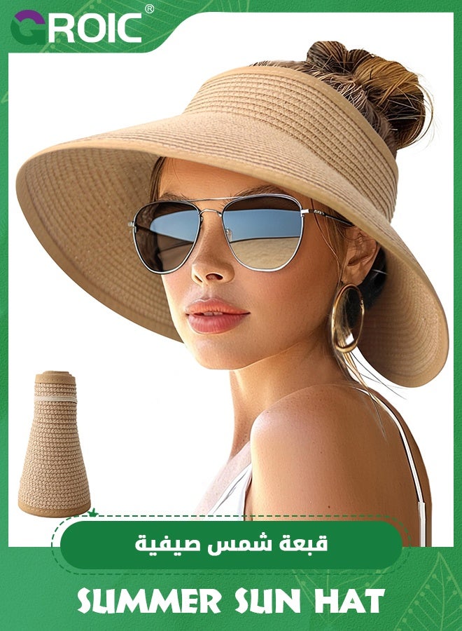 GROIC Summer Sun Hats for Women,UV UPF Straw Beach Hat,Wide Brim Beach Hats for Women UPF 50+ Travel Foldable Beach Hat,Beach Hats for Sun Protection,Brim Ponytail Summer Hats  - Image 1