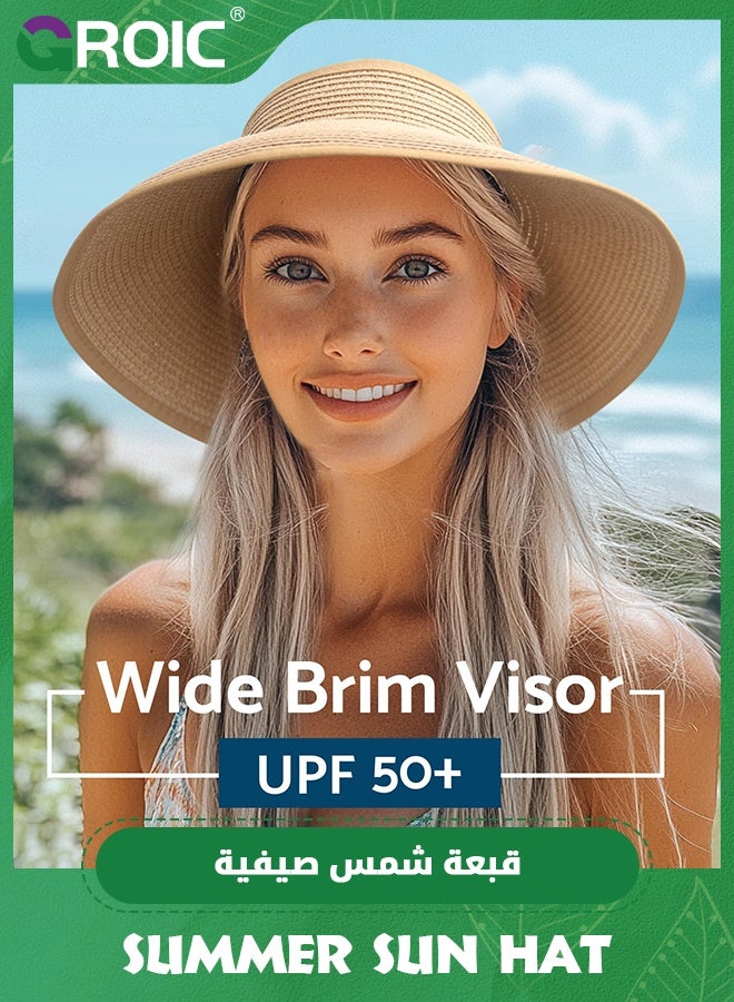 GROIC Summer Sun Hats for Women,UV UPF Straw Beach Hat,Wide Brim Beach Hats for Women UPF 50+ Travel Foldable Beach Hat,Beach Hats for Sun Protection,Brim Ponytail Summer Hats  - Image 3