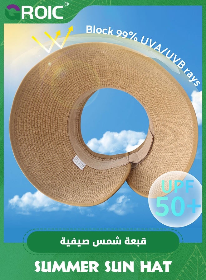 GROIC Summer Sun Hats for Women,UV UPF Straw Beach Hat,Wide Brim Beach Hats for Women UPF 50+ Travel Foldable Beach Hat,Beach Hats for Sun Protection,Brim Ponytail Summer Hats  - Image 2