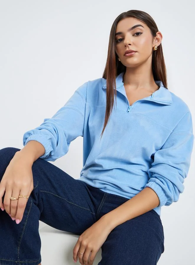 Styli Women Blue Solid Fleece Half-Zip Front Sweatshirt