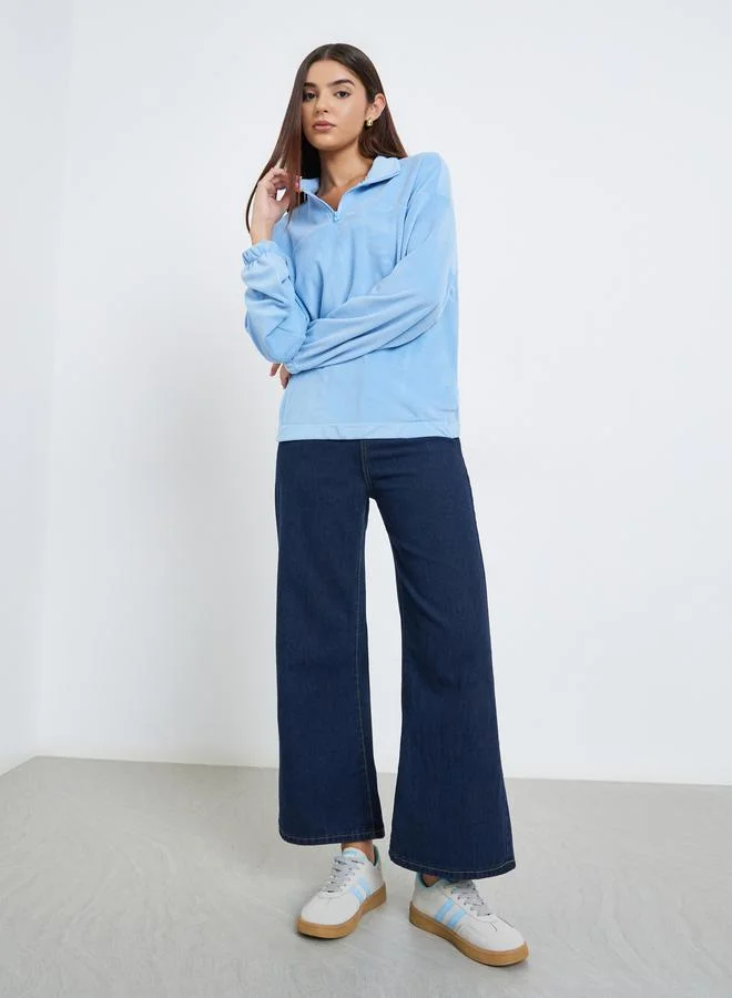 Styli Women Blue Solid Fleece Half-Zip Front Sweatshirt