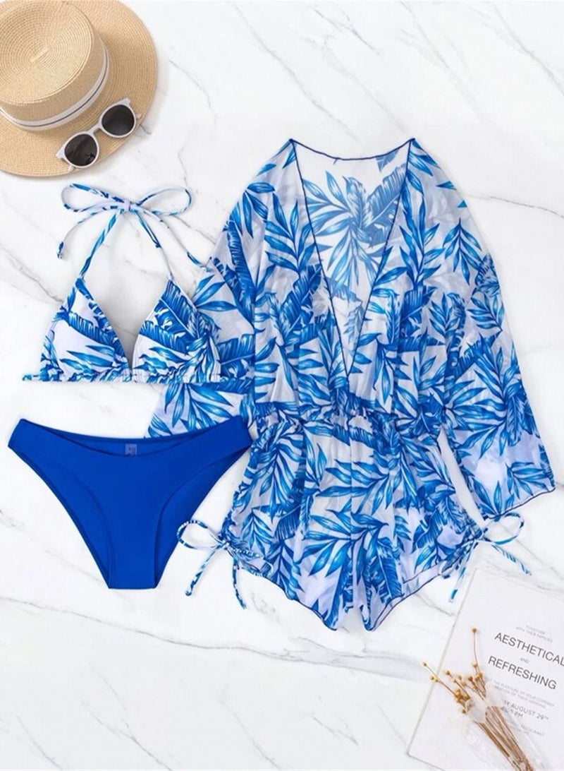 Loquat 3 Piece Swimsuit Print Halter Strappy Swimsuit Bikini Blue - Image 1