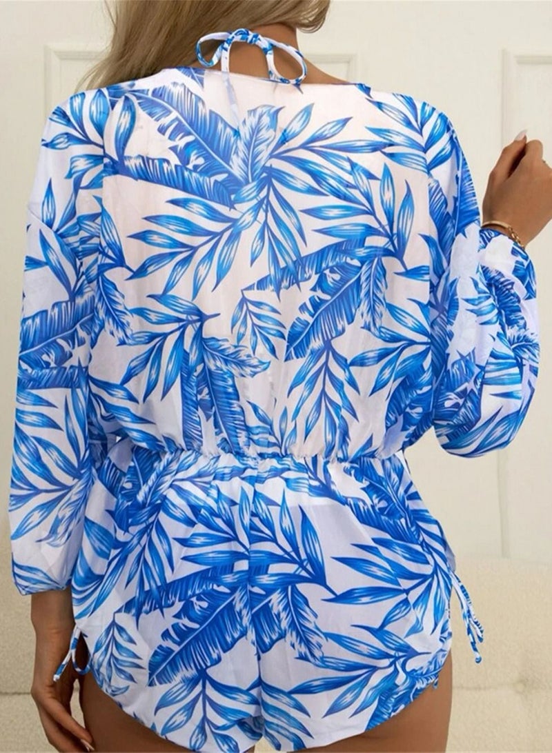 Loquat 3 Piece Swimsuit Print Halter Strappy Swimsuit Bikini Blue - Image 4