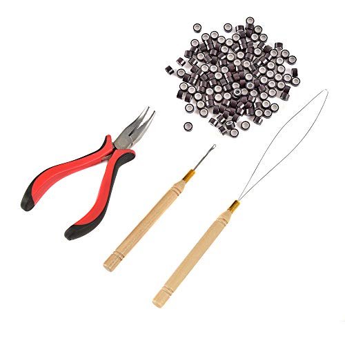 CREATE BEAUTY Hair Extension Tools Kit – Plier - Pulling Hook - Bead Device Tool Kits with 200 Pieces 5mm Silicone Lined Micro Rings (200Pcs, Dark Brown Beads) - Image 1