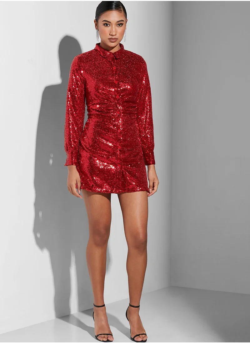 GHOSPELL Sequin Detail Shirt Dress