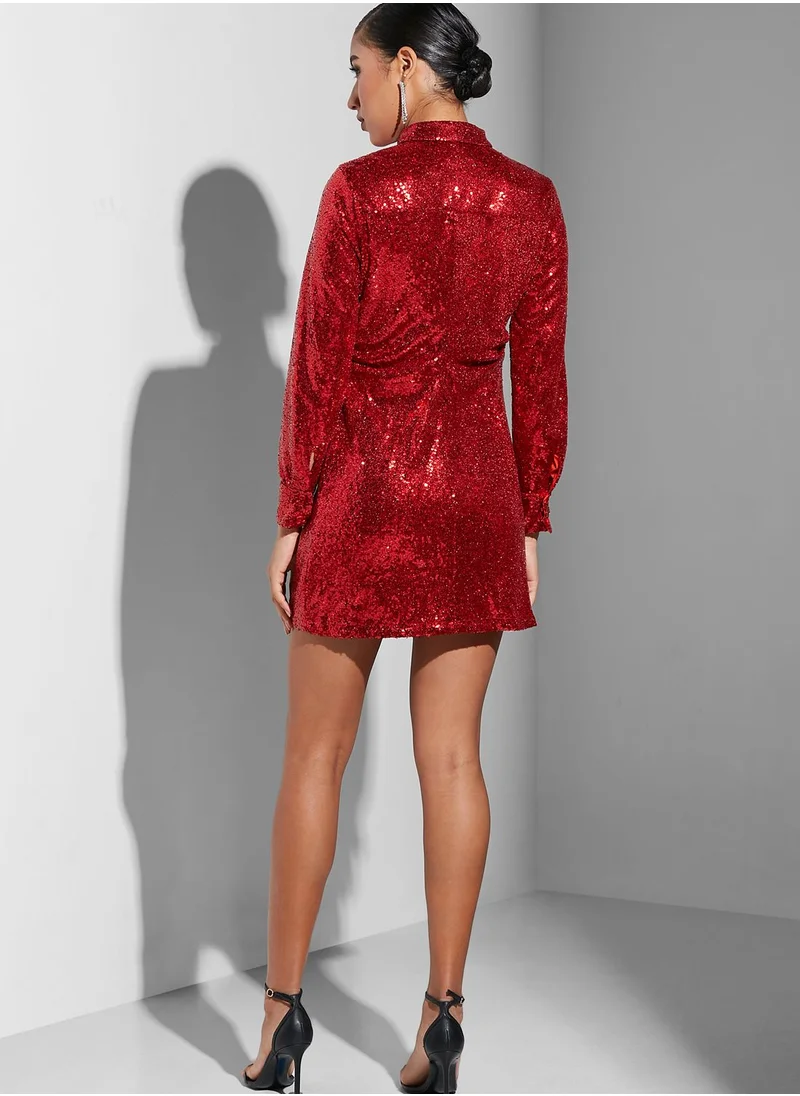 GHOSPELL Sequin Detail Shirt Dress