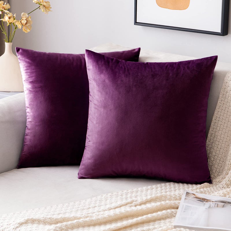 EMEMA Pack of 2 Velvet Throw Pillow Covers Decorative Square Pillowcase Soft Solid Cushion Case for Sofa Bedroom Chair Car 20x20 Inch Eggplant Purple - Image 1