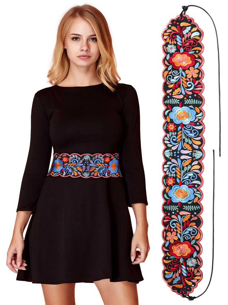 Jeere Women Embroidered Mexican Belt for Dress Floral Traditional Fiesta Waist Sash Cinco De Mayo Luau Party Outfit(Lively) - Image 1