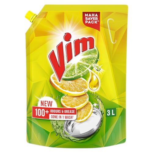 Vim Dishwash Liquid 3 L pouch | Removes 100+ Odours & Grease in 1 wash | With the power of 100 Lemons - Image 1
