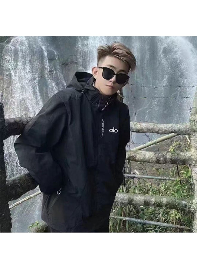 Alo Black Oversized Hooded Jacket - Water-Resistant Fabric, Adjustable Drawstring Hood, Minimalist Brand Logo, Versatile Windbreaker for Outdoor & Daily Casual Styling - Image 4