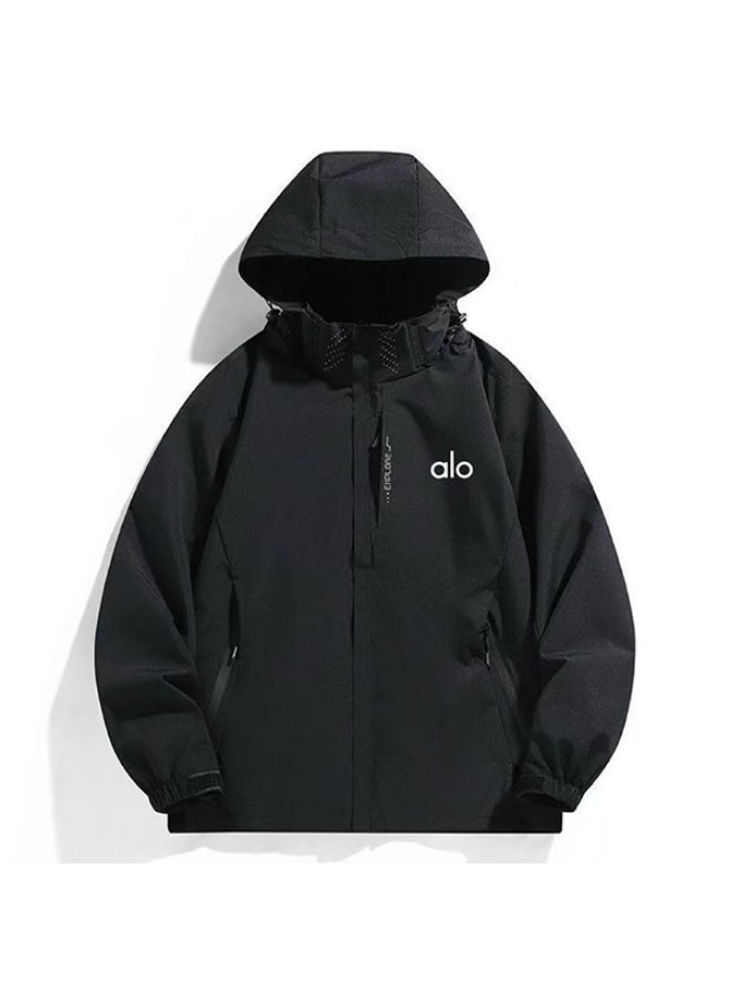 Alo Black Oversized Hooded Jacket - Water-Resistant Fabric, Adjustable Drawstring Hood, Minimalist Brand Logo, Versatile Windbreaker for Outdoor & Daily Casual Styling - Image 1