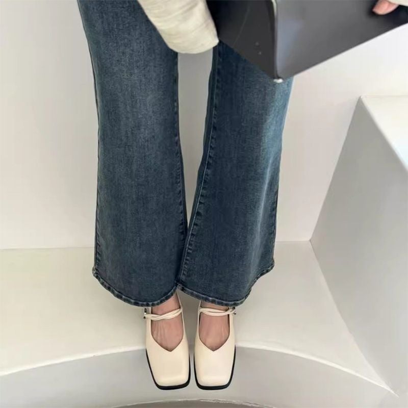 French Retro Square Toe Thick Heel Mary Jane Shoes For Women 2025 Summer And Spring Style One-Line Mid-Heel Flats For Women - Image 4