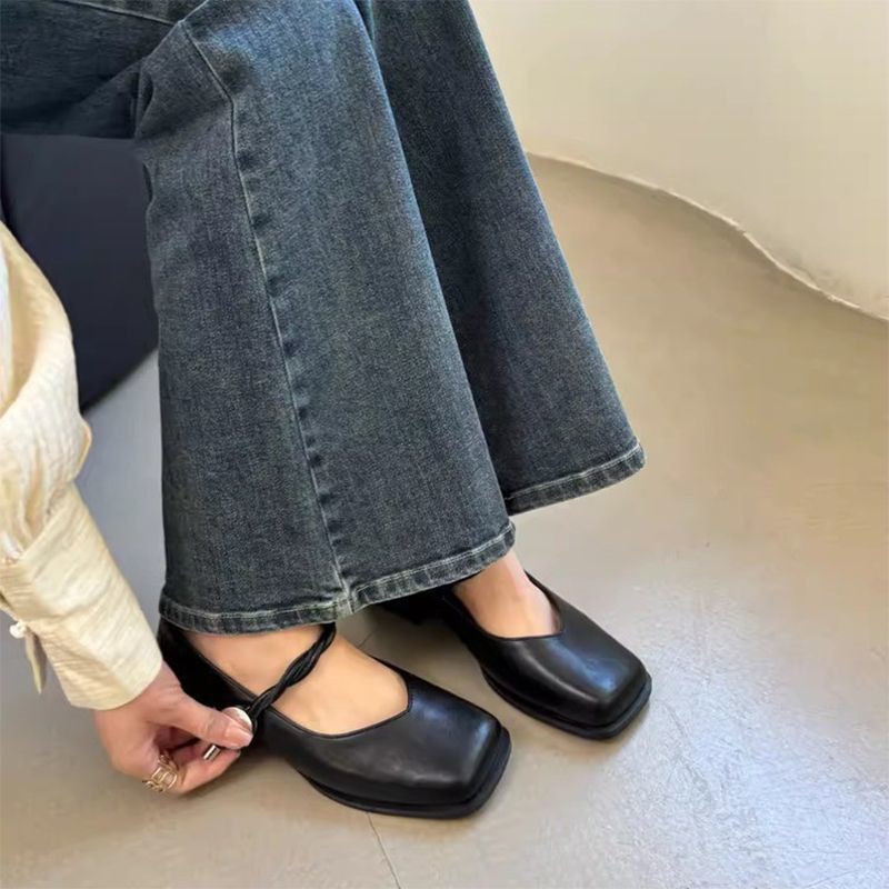 French Retro Square Toe Thick Heel Mary Jane Shoes For Women 2025 Summer And Spring Style One-Line Mid-Heel Flats For Women - Image 5