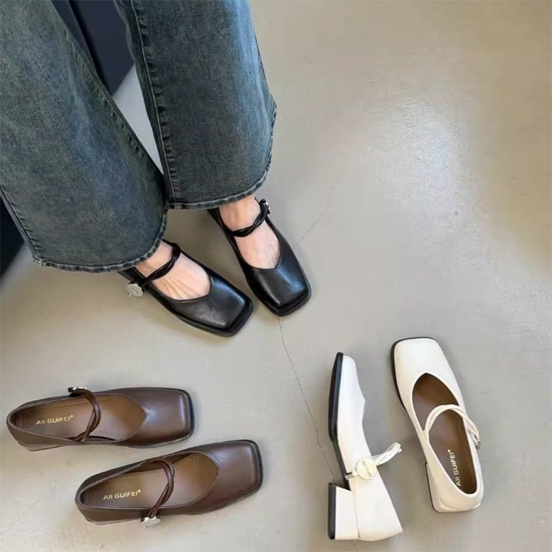 French Retro Square Toe Thick Heel Mary Jane Shoes For Women 2025 Summer And Spring Style One-Line Mid-Heel Flats For Women - Image 3