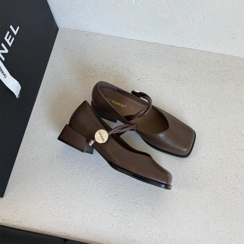 French Retro Square Toe Thick Heel Mary Jane Shoes For Women 2025 Summer And Spring Style One-Line Mid-Heel Flats For Women - Image 1